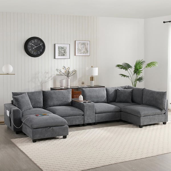Zelda 140 in. Chenille U Shaped Sectional Sofa in. Gray with Movable Storage Ottoman, Cup Holder, USB Charger