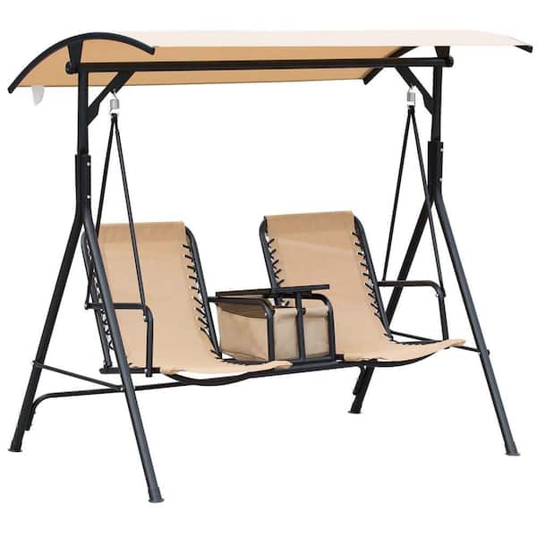69.25 in. Seats 2-People Metal Patio Swing with Pivot Storage Table