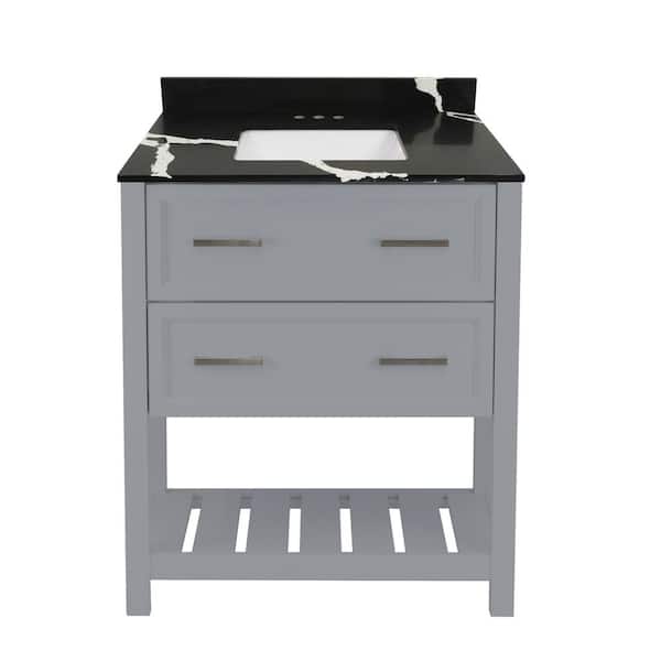 Amluxx Milan 25 in. W x 19 in. D Bath Vanity in Grey with Quartz Stone Vanity Top in Calacatta Black with White Basin