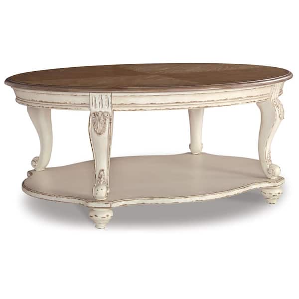 Realyn 48 In. White/Brown Oval Wood Coffee Table with Shelf