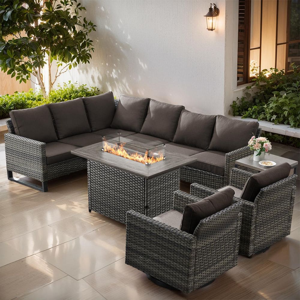 7-Piece Gray Wicker Fire Pit Conversation Set with Olefin Gray Cushions and Sectionsal Sofa/ Patio Swivel Chairs price history on PriceWatchPro