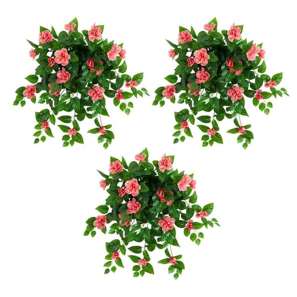 24 in. UV Resistant Artificial Azalea Hanging Plant (Indoor/Outdoor) - (Set of 3)