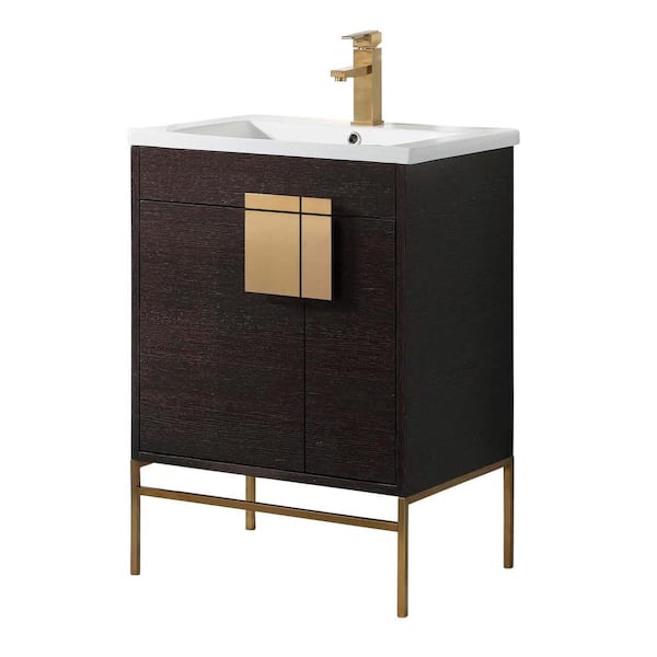 FINE FIXTURES Shawbridge 24 in. W x 18.11 in. D x 33.5 in. H Bath Vanity in Black Oak Straight Grain with Ceramic Vanity Top in White