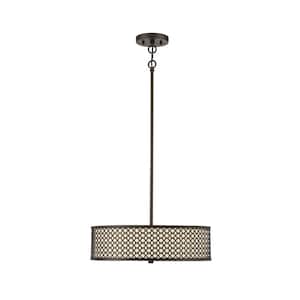 18 in. W x 5 in. H 3-Light Oil Rubbed Bronze Shaded Pendant Light with Fabric Drum Shade