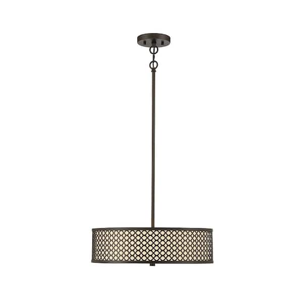 Savoy House 18 in. W x 5 in. H 3-Light Oil Rubbed Bronze Shaded Pendant Light with Fabric Drum Shade