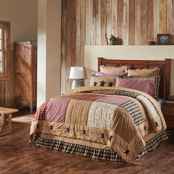 Pip Vinestar Tan Burgundy Black Primitive Country Patchwork Queen Cotton Quilt