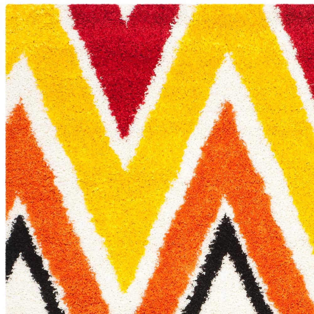 Ivory and Multicolor Chevron Synthetic Shag Kids Rug