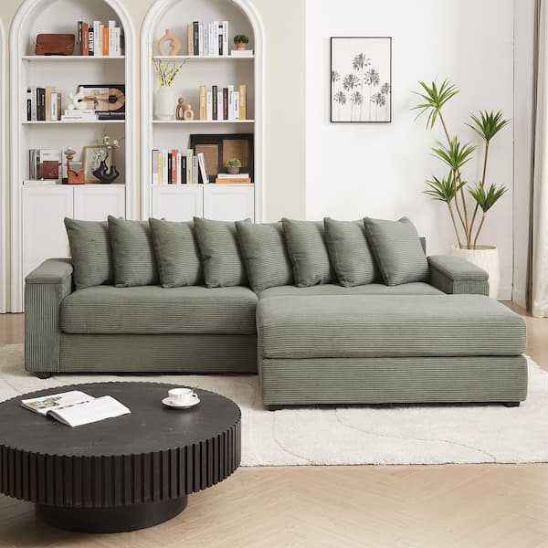 Modern Oversized 104 in. W Square Arm Corduroy L-Shaped Sofa with Armrest Storage in Green