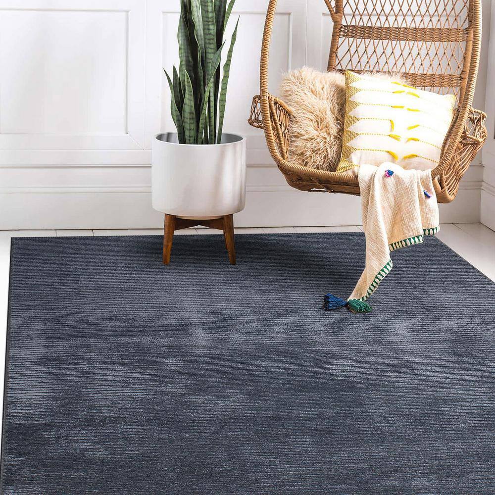 Dark Gray Flat Woven Stripe Synthetic Area Rug 5' x 7'