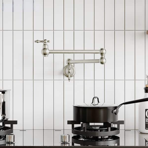 Residential Wall-Mount Retro Pot Filler Faucet with Dual Handles and 20 in. Swing Arm in Brushed Nickel