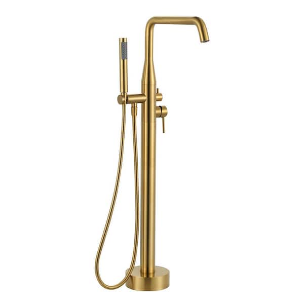 Double Handle Floor Mounted Freestanding Tub Faucet with Handheld Shower in Brushed Gold
