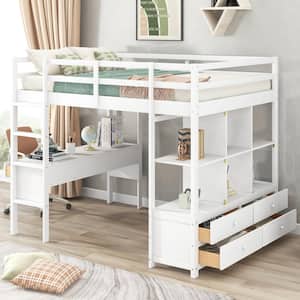 White Full Size Loft Bed with Storage Shelves, Built-in Desk and 6 Drawers