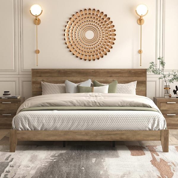 GALANO Layton Knotty Oak Brown Wood Frame King Platform Bed with Headboard