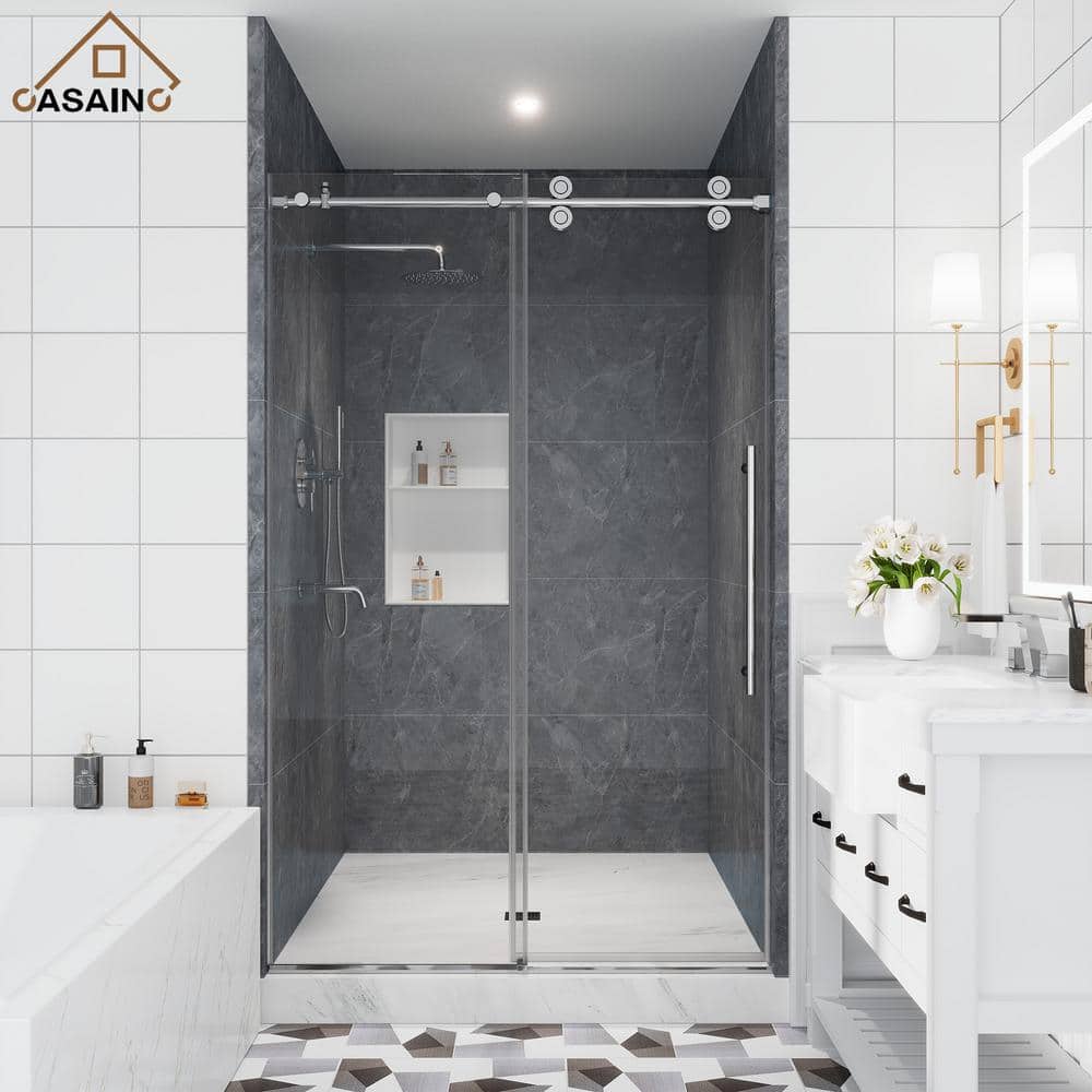 48 in. W x 76 in. H Sliding Frameless Shower Door in Chrome Finish with Clear Glass price history on PriceWatchPro