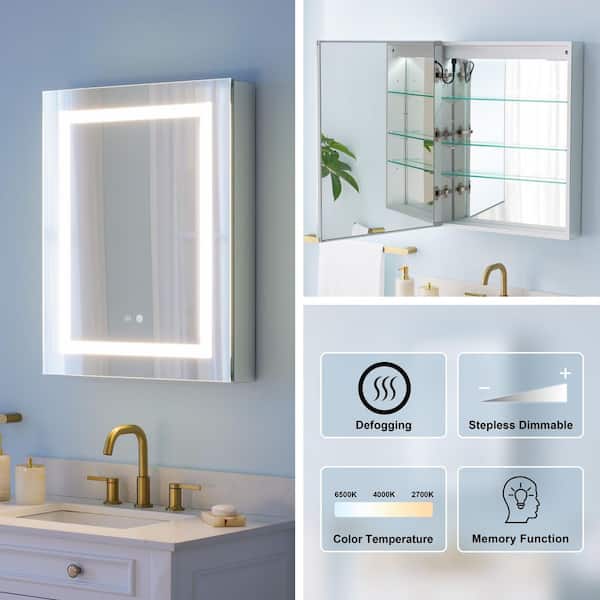 24 in. W x 30 in. H Rectangular Aluminum Medicine Cabinet with Mirror,2 Touch Switches for Color Change,Dimmer,Defogger