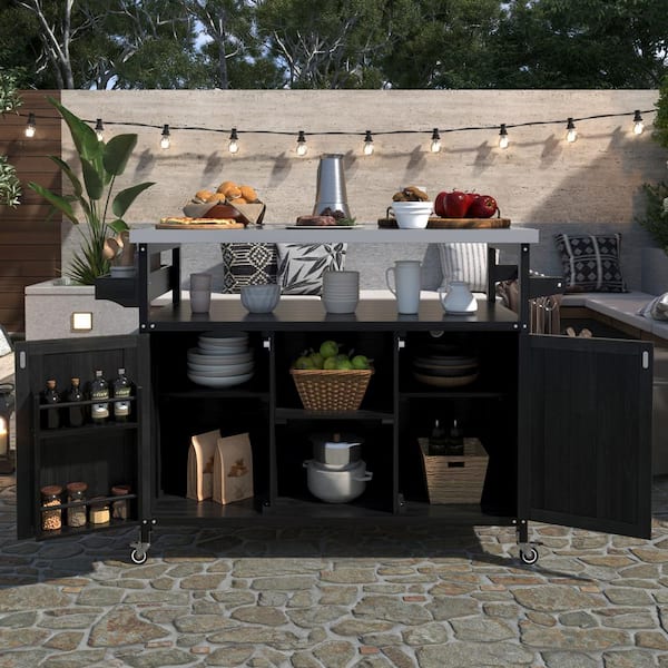 Runesay Farmhouse Black Stainless Steel 50 in. Outdoor Patio Grill Table Bar Cart Kitchen Island with Internal Storage Rack