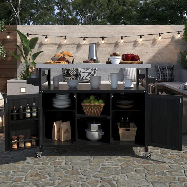 Farmhouse Black Stainless Steel 50 in. Outdoor Patio Grill Table Bar Cart Kitchen Island with Internal Storage Rack