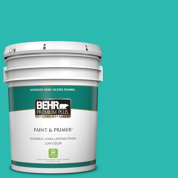 BEHR PREMIUM PLUS 5 gal. #P450-5 Island Aqua Semi-Gloss Enamel Low Odor Interior Paint & Primer