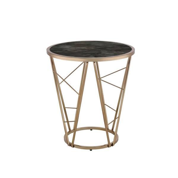 Acme Furniture 22 in. Cicatrix in Faux Black Faux Marble Glass and Champagne Round Faux Marble