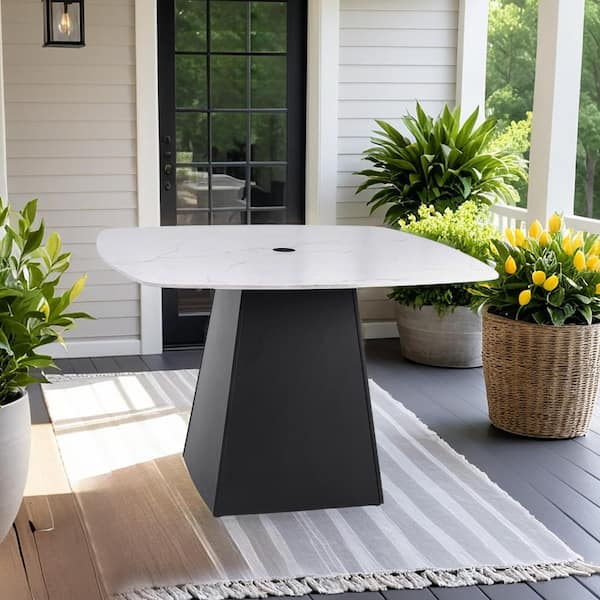 Modern 44 in. Rounded Square Outdoor Pedestal Dining Table Marble-Look Sintered Stone Top, Flared Aluminum Pedestal Base