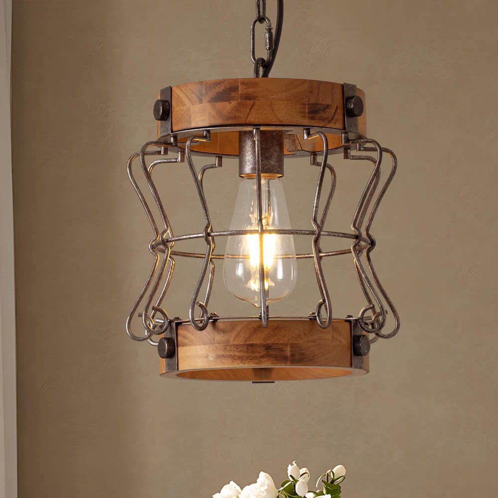 60W 1-Light Black Farmhouse Wood Kitchen Island Pendant Light with Burnt Wood Texture, 39 Inch Adjustable Chain price history on PriceWatchPro