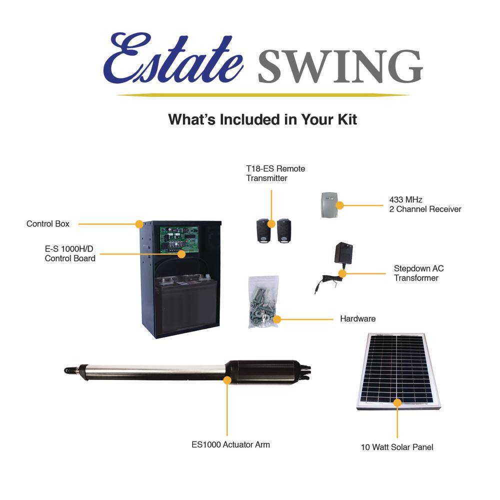 Estate Swing Single Swing Automatic Gate Opener Kit with 10-Watt Solar Panel -  E-S 1000H/10W B