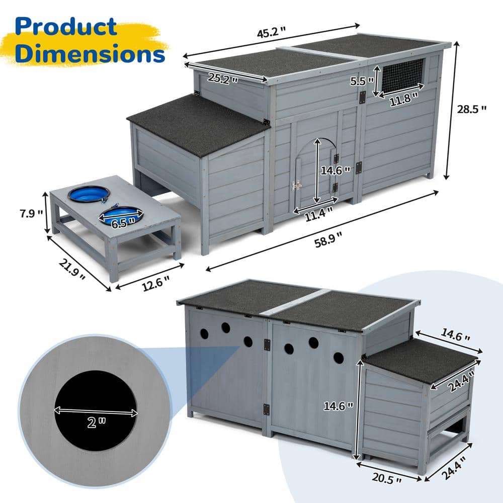 Large Gray Pinewood Outdoor Dog House with Feeding Bowls