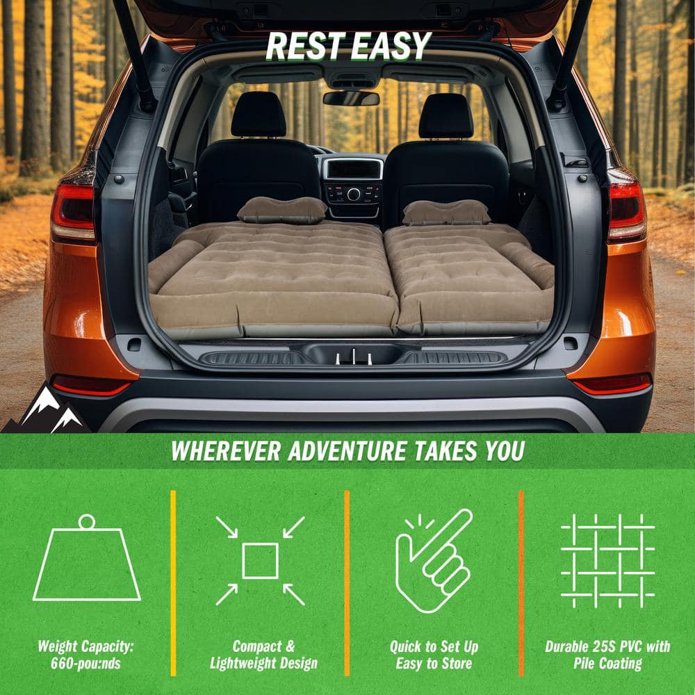 Gray Inflatable Car Air Mattress with Pump and Pillows