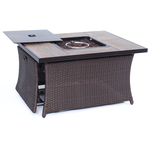 brown wicker fire pit table