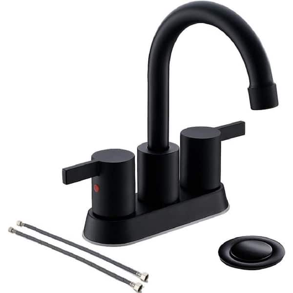 Phiestina BF15 4 in. Centerset Double Handle Bathroom Faucet with Drain Kit in Matte Black