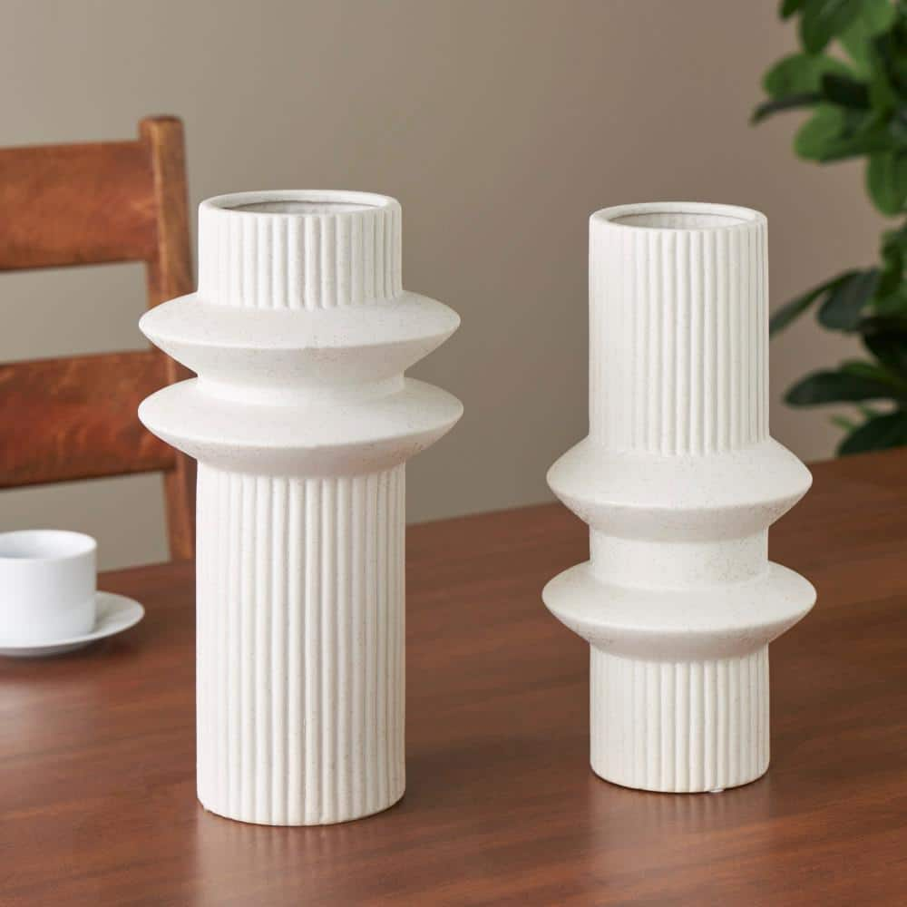 Litton Lane White Ribbed Ceramic Abstract Decorative Vase with Speckled Texturing Set of 2