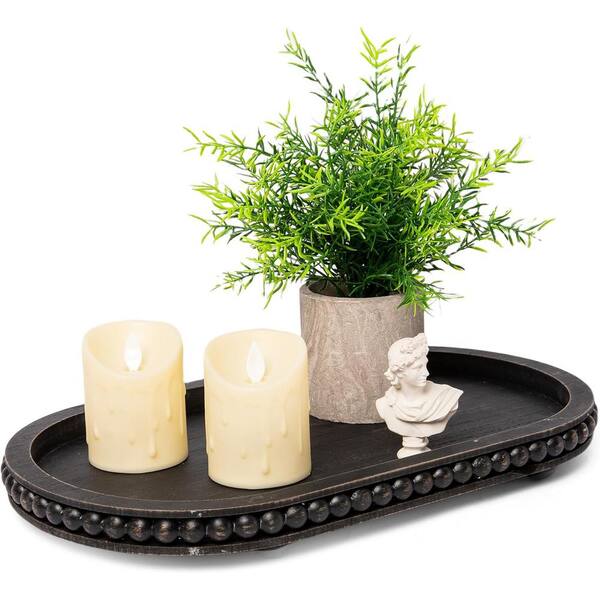 Reallnaive Wood Pedestal Stand With Beaded Ornaments - Farmhouse Decor For Bathroom, Kitchen Counter, Jewelry Display