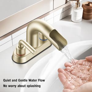 4 in. Bathroom Faucet Double Handle 3 Hole Waterfall Bathroom Sink Faucet with Pop-Up Drain in Brushed Gold