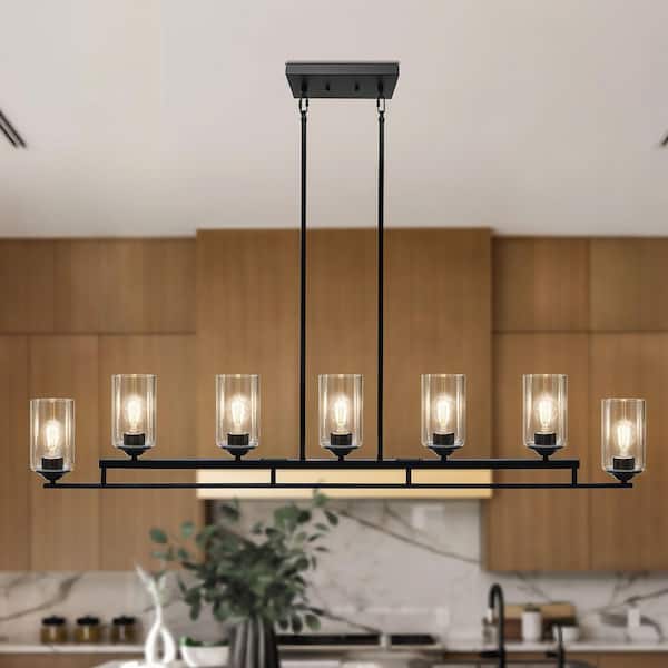 Large 53.1 in. 7-Light Black Island Chandelier with Clear Cylindrical Glass Shades for Kitchen Island and Dining Room