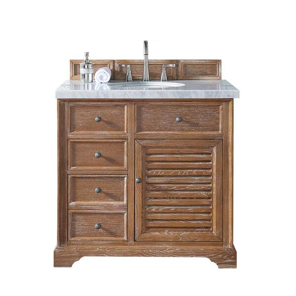 James Martin Vanities Savannah 36 in. W Single Vanity in Driftwood with Marble Vanity Top in Carrara White with White Basin