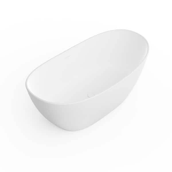 64.96 in. x 33.46 in. Flat Bottom Stone Resin Freestanding Soaking Bathtub with Center Drain in Matte White