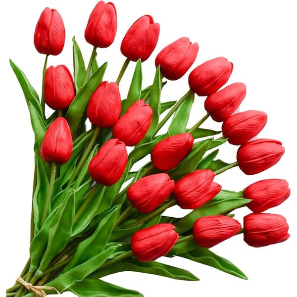 Artificial Red Tulips 20 Pcs – 13.5 Inch PU Faux Flowers with Bendable Stems