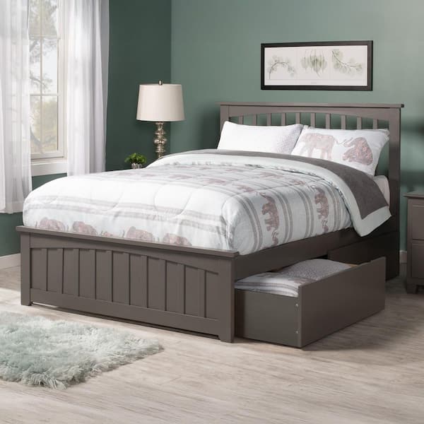 AFI Mission Grey Full Solid Wood Storage Platform Bed with Matching Foot Board with 2 Bed Drawers