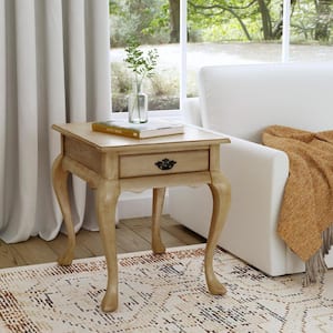 Grace 21 in. W Beige Rectangular Wood Traditional Queen Anne End Table with 1 Drawer and Curved Cabriole Legs