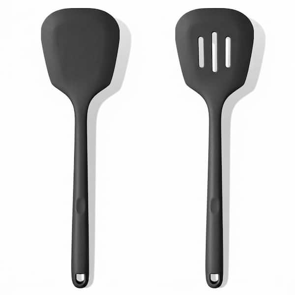 Classic Black Silicone Turner Spatula Set, 600F Heat Resistant Nonstick Wide Angled Head, 2-Pieces Kitchen Flipper