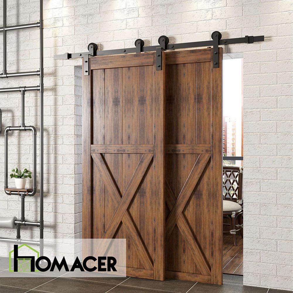 Homacer Black Rustic Single Track Bypass Sliding Barn Door Hardware Kit for Double Doors