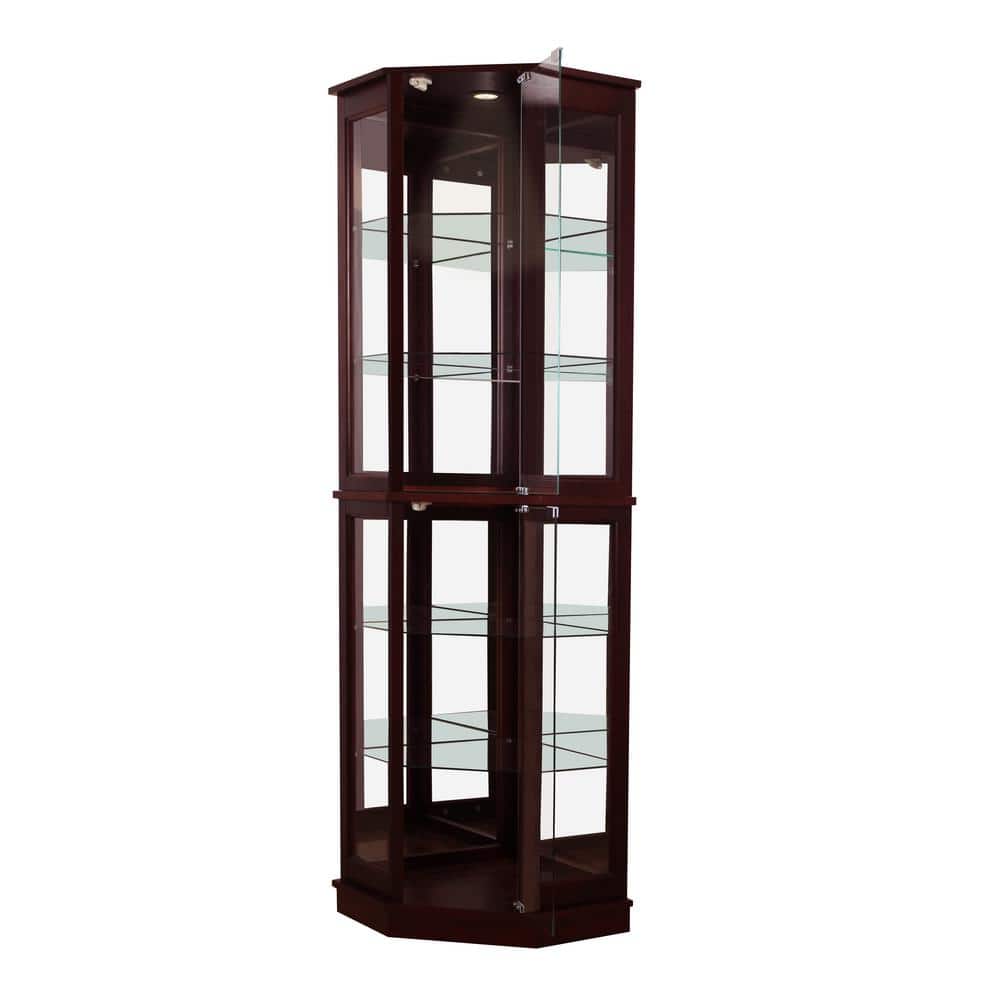 Cherry Lighted Corner Curio Cabinet with Glass Shelves