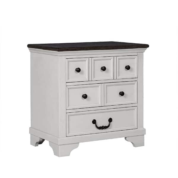 Benjara Hamps White and Dark Brown 3-Drawers 28 in. W Nightstand with USB A-C