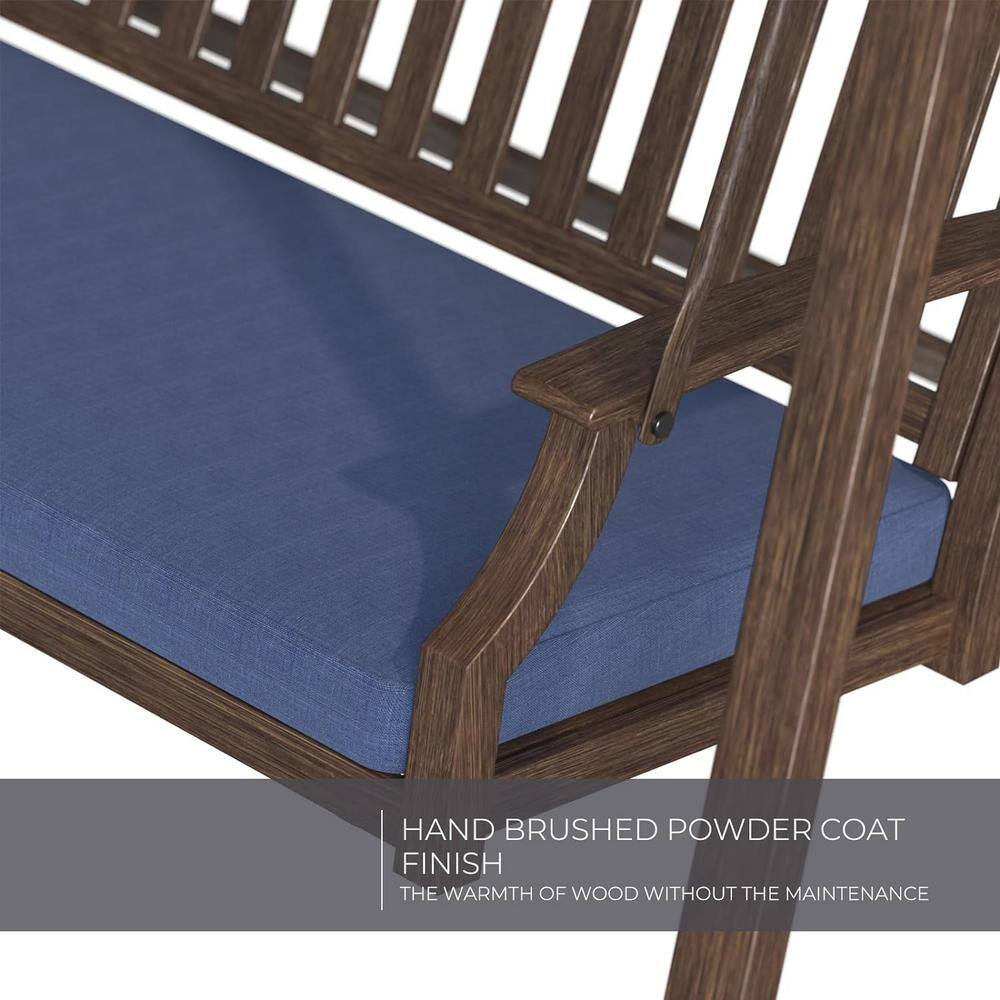 Farmhouse Dark Blue Steel Patio Swing with Adjustable Canopy and Cushions