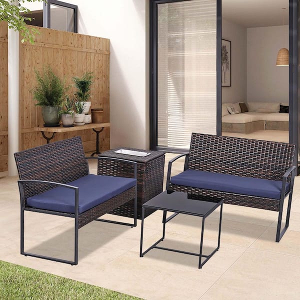 Zeus & Ruta 4-Piece Brown Wicker Patio Conversation Set with Blue Cushions and 1 Coffee table