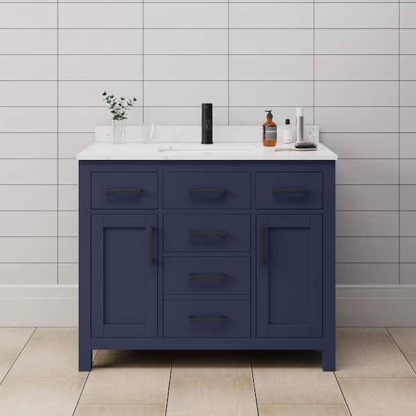 Wyndham Collection Beckett 42 in. W x 22 in. D x 35 in. H Single Sink Bathroom Vanity in Dark Blue with Carrara Cultured Marble Top