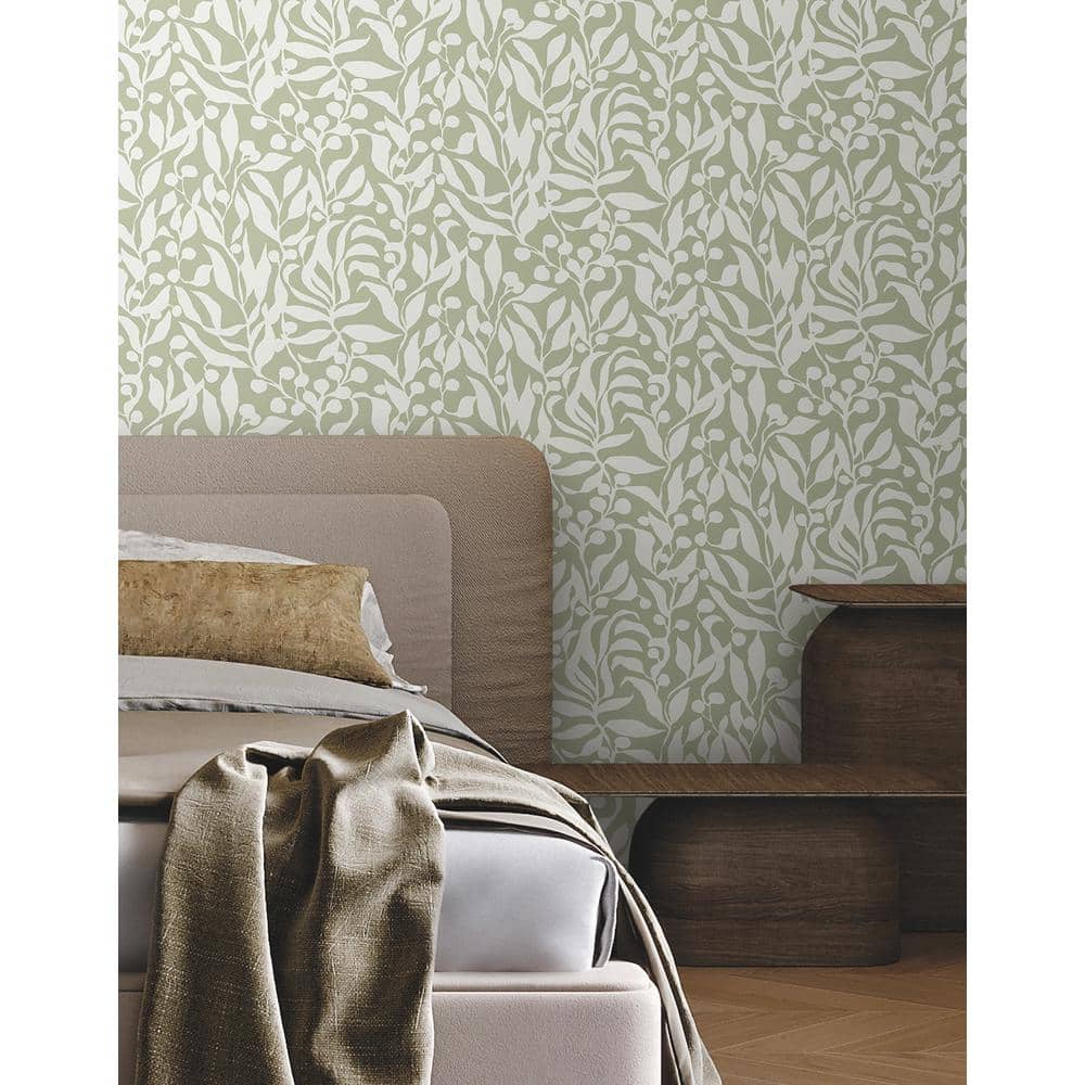 Sage Green and White Palm Leaf Non-pasted Wallpaper Roll