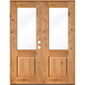 64 in. x 96 in. Rustic Knotty Alder Clear Half-Lite clear stain Wood Left Active Inswing Double Prehung Front Door