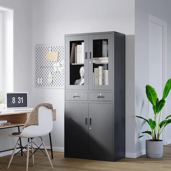 LISSIMO 70.87'' H 4-Tier Black Storage Cabinet, Metal Cabinets with Glass Doors and Shelves, Kitchen Organization