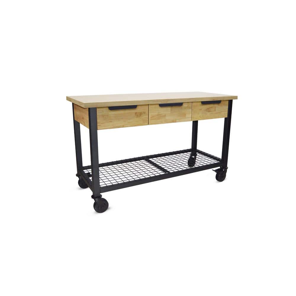 DURAMAX Rove 62 in. x 24 in. 3-Drawer Maple Rubberwood Mobile Workbench with Solid Wood Top, Natural Maple -  68004
